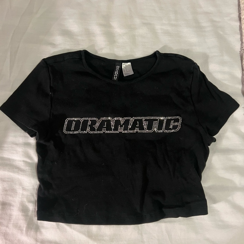 Black Graphic Crop Top with Rhinestone Detail